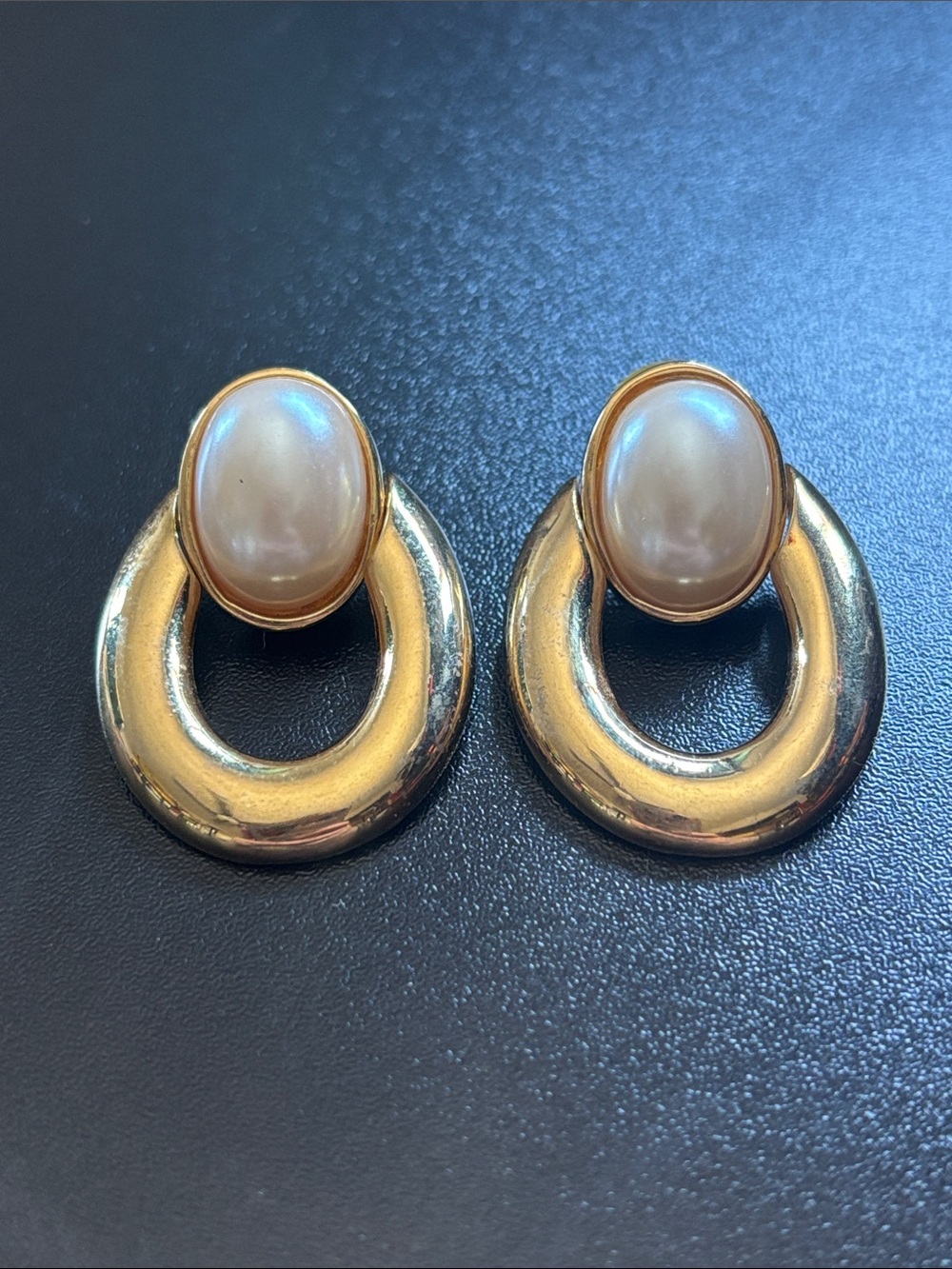 Gold Hoop Drop Earrings with Pearl Cabochon